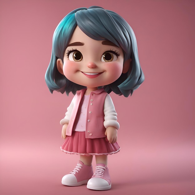 Free Photo 3d render of a cute girl with blue hair and pink dress