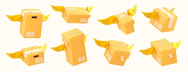 Free photo 3d render delivery box with wings in flight set