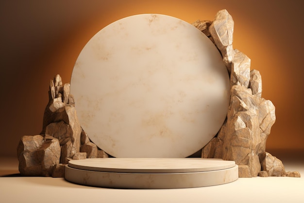 Free photo 3d render of empty round white podium for product display surrounder by stones