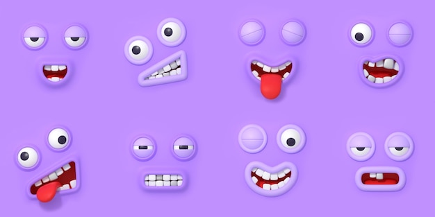 Free Photo 3d render face emoji eyes and mouths isolated set