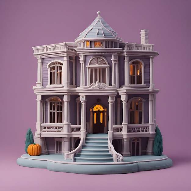 Free Photo 3d render of fantasy house with stairs and pumpkins on purple background