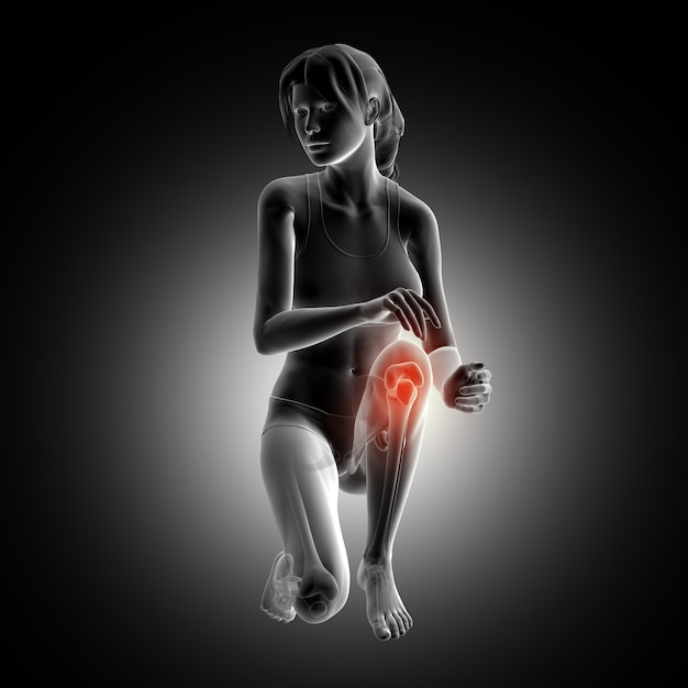 Free photo 3d render of a female figure kneeling down with knee highlighted