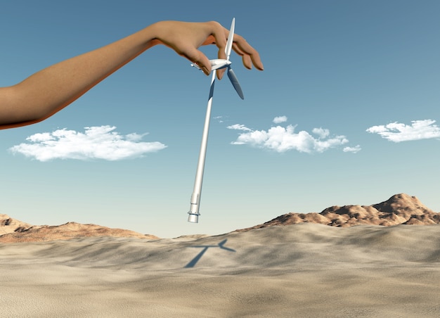 Free photo 3d render of a female hand placing wind turbines in a desert