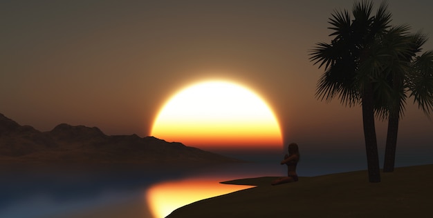 Free photo 3d render of a female in yoga pose on the beach at sunset