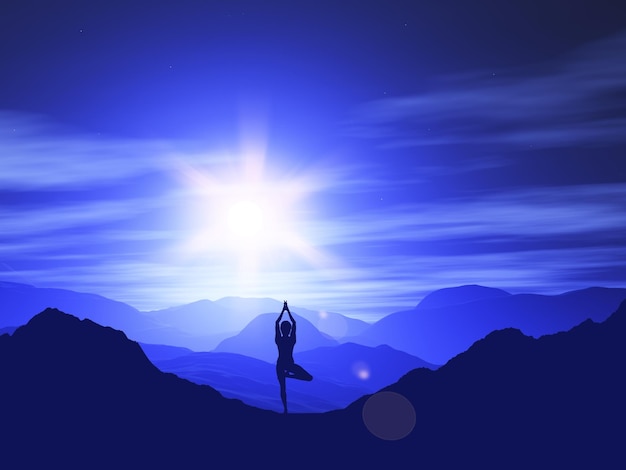 3D render of a female in yoga positon in sunset landscape