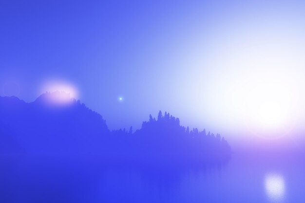 3D render of a foggy mountain range with tree landscape