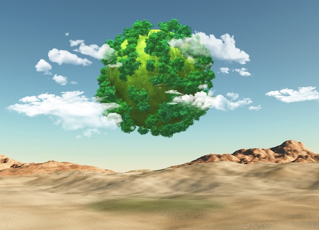 Free Photo 3d render of a grassy globe with trees over a barren landscape