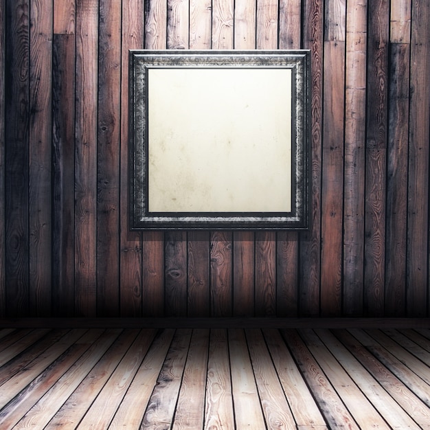 Free photo 3d render of a grunge wood interior with blank picture frame