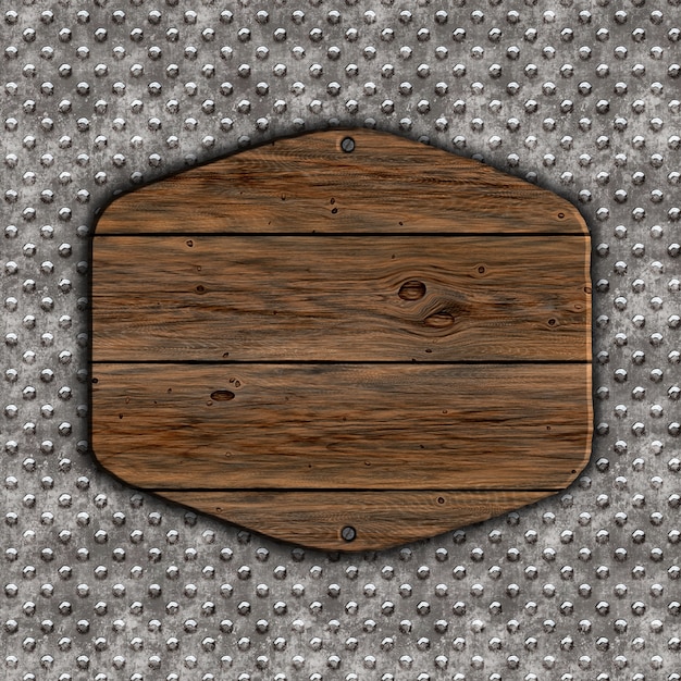 3d render of a grunge wood sign on a metal background