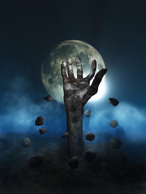 3D render of an Halloween concept with zombie hand erupting out of the ground