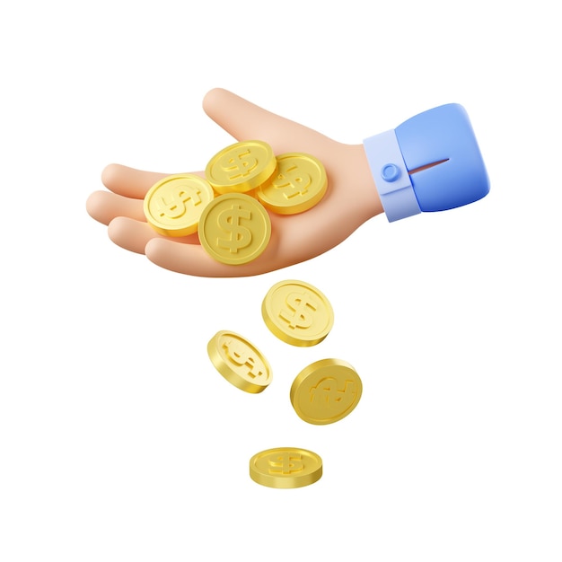 Free photo 3d render hand dropping golden coins on white