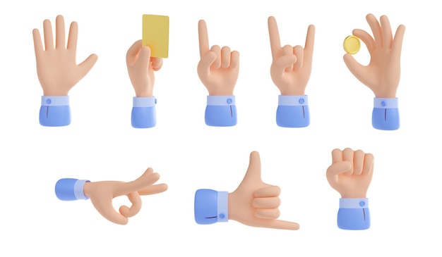 Free photo 3d render hand gestures set isolated on white