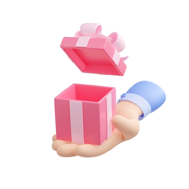 3d render hand holding open gift box with ribbon