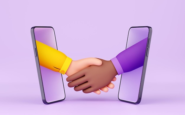 Free photo 3d render handshake via smartphone screens concept