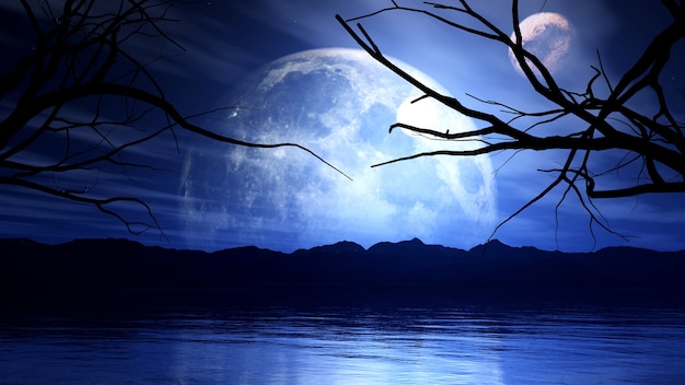 Free Photo 3d render of a haunting background with moon, planet and tree silhouette