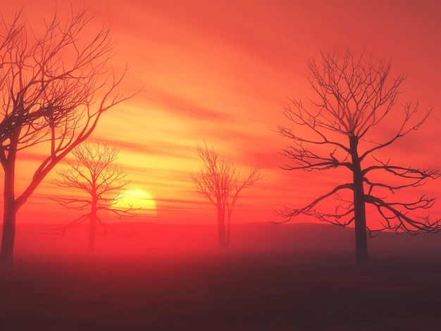 Free photo 3d render of a landscape with trees silhouetted against a sunset sky