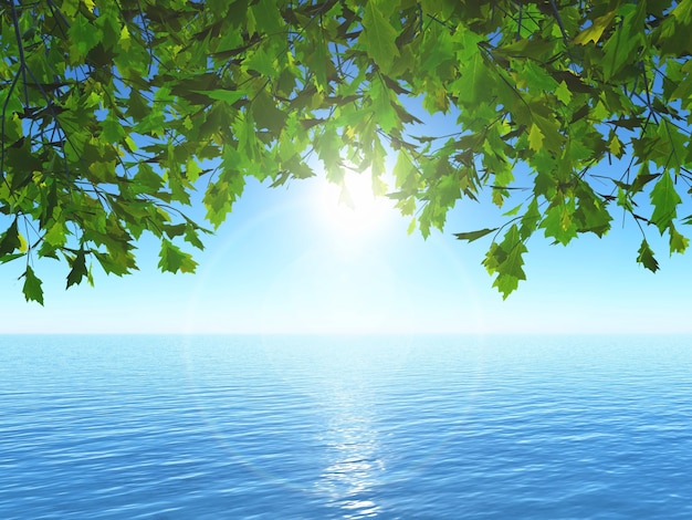 Free Photo 3d render of leaves against an ocean landscape