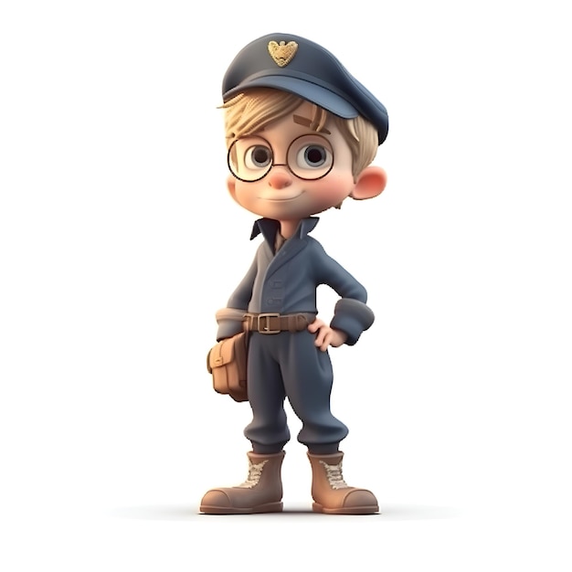 Free photo 3d render of a little boy with a police cap and glasses