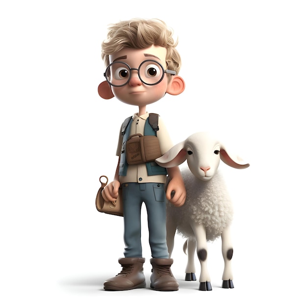 Free Photo 3d render of a little boy with sheep isolated on white