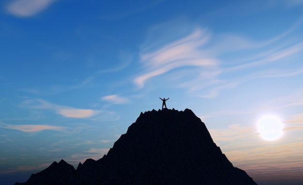 Free photo 3d render of a male figure on top of a mountain holding his arms up in success