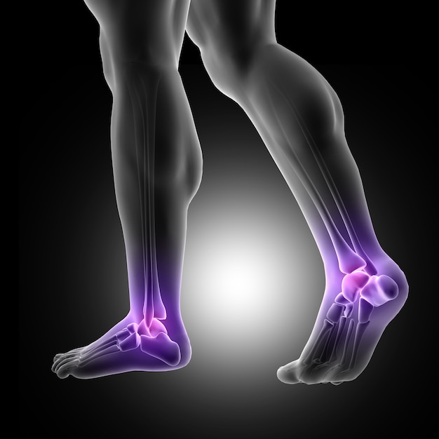 Free photo 3d render of a male figure with close up of feet with ankle joints highlighted