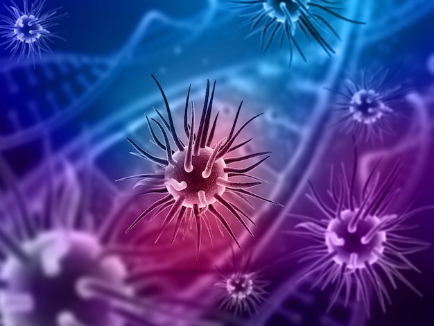 3D render of a medical background with abstract virus cells and DNA strands