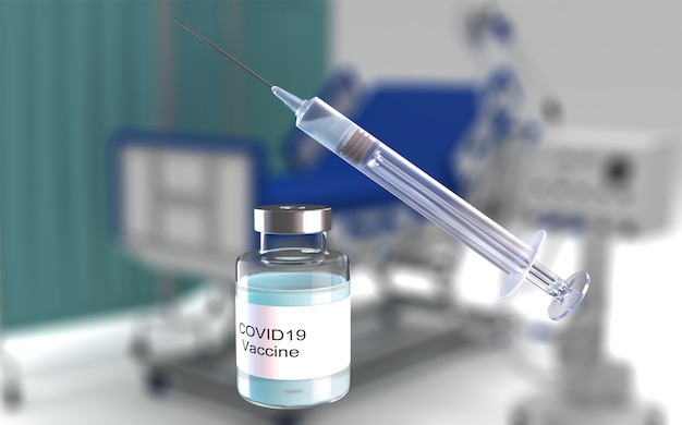 3D render of medical background with covid vaccine and syringe against defocussed hospital image