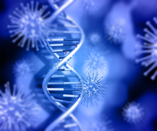 3d render of a medical background with dna strand and virus cells