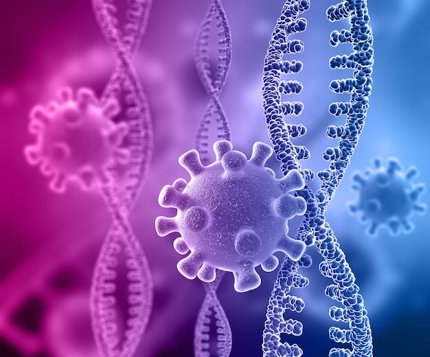 Free Photo 3d render of a medical background with dna strands and virus cells