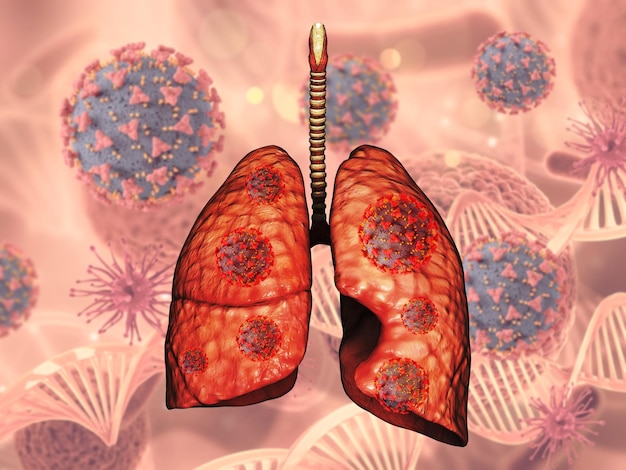 Free photo 3d render of a medical background with lungs and covid 19 virus cells