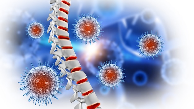 3D render of a medical background with spine and abstract virus cells