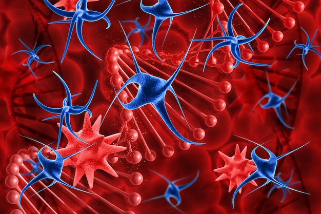 Free photo 3d render of a medical background with virus cells and dna strands