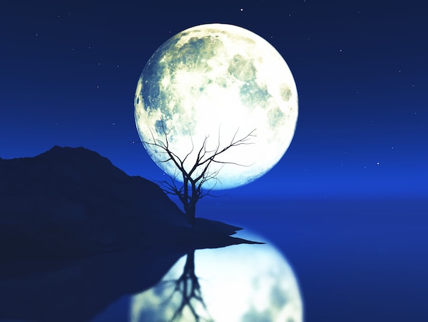 Free Photo 3d render of a moonlit landscape with old gnarly tree