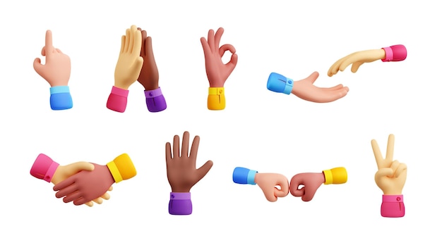 Free photo 3d render multiracial hand gestures isolated set