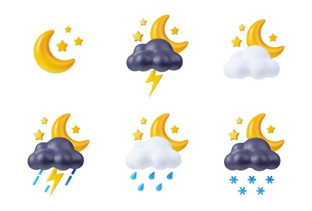 Free photo 3d render night weather icons crescent and stars