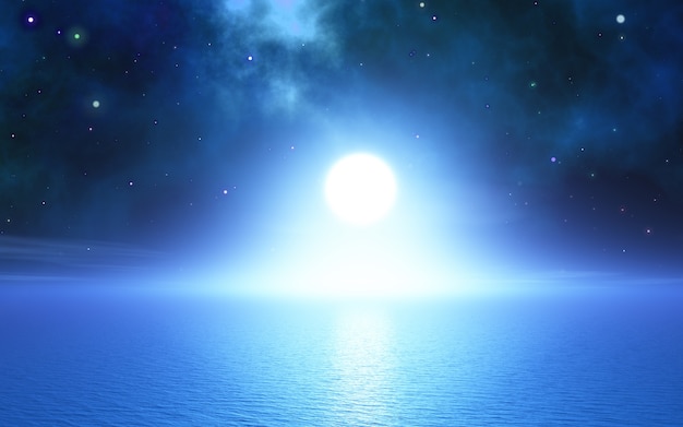 Free Photo 3d render of an ocean landscape wiht nebula and stars