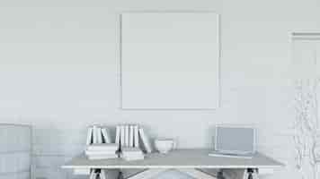 Free photo 3d render of an office with blank canvas on brick wall