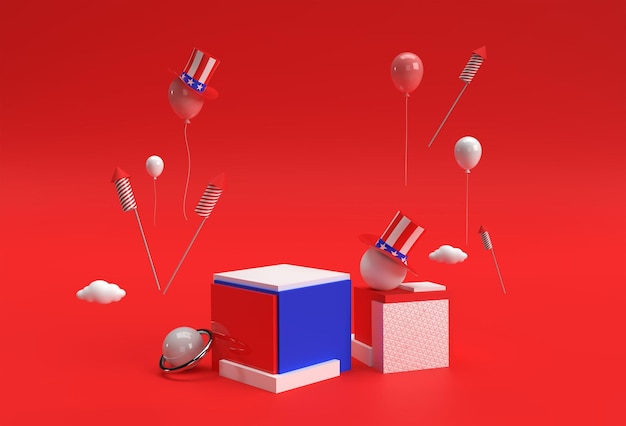 3D Render Scene of Minimal Podium Scene for Display Products Advertising Design 4th of July USA Independence Day Concept