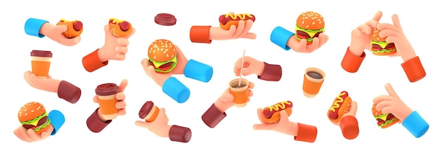 Free Photo 3d render set of hands with fast food