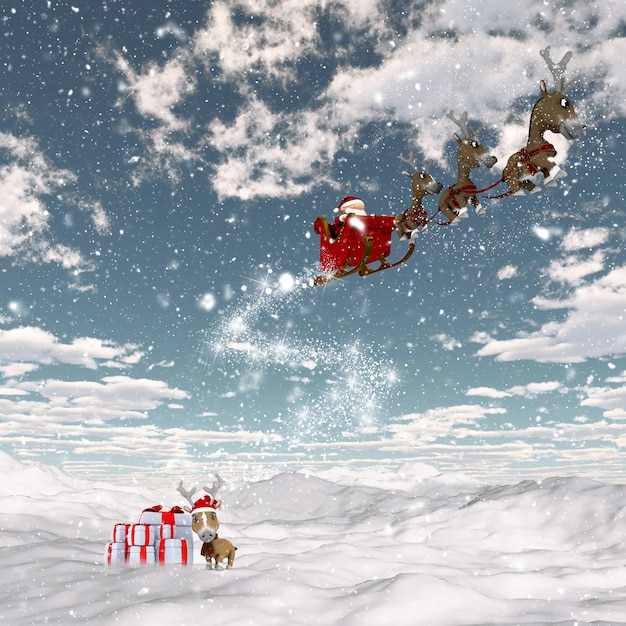 Free Photo 3d render of a snowy landscape with santa and his reindeers