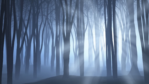 Free photo 3d render of a spooky forest scene with rays shining through