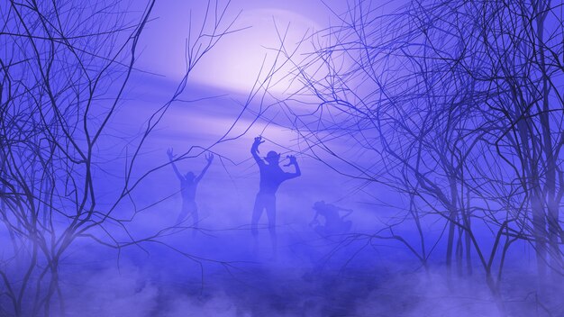 3D render of a spooky Halloween landscape with zombies in misty atmosphere