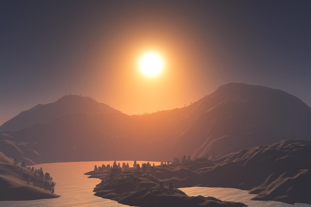 3D render of a sunset landscape with mountains and strees and lake