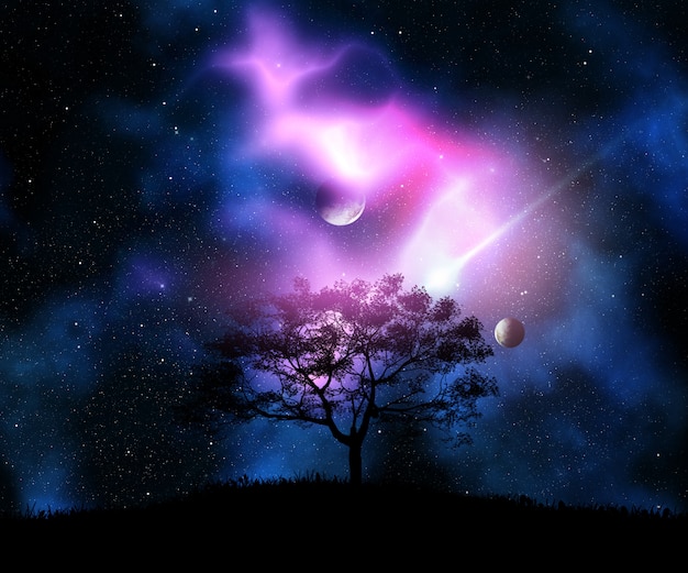 Free Photo 3d render of a tree on a grassy hill against a space sky with planets