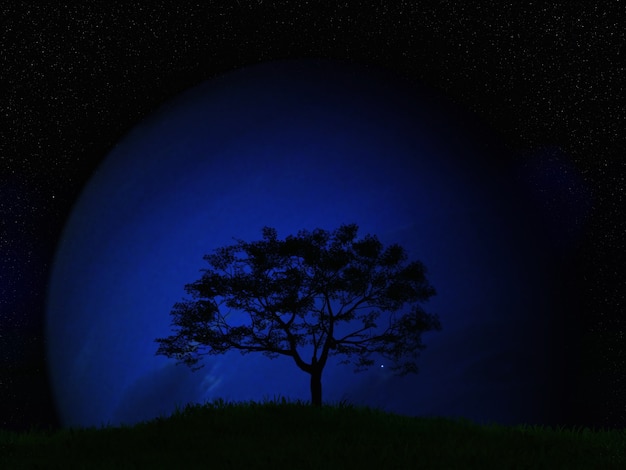 Free Photo 3d render of a tree landscape against a fictional planet in a night sky