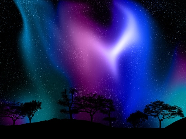 3D render of a tree landscape against northern lights sky