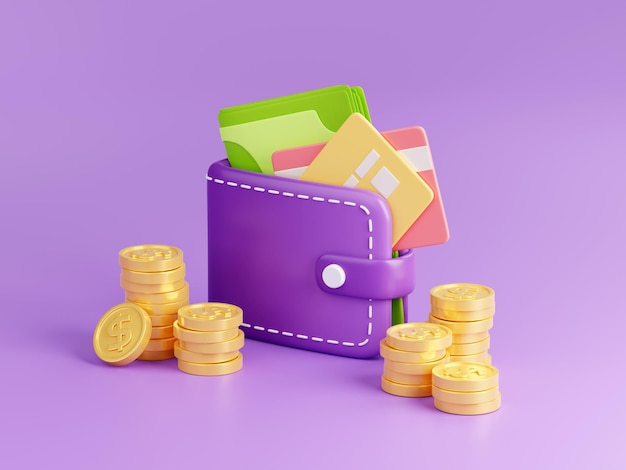 3D render wallet with plastic cards and gold coins