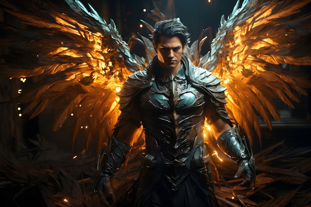 Free photo 3d render winged angel warrior backgound