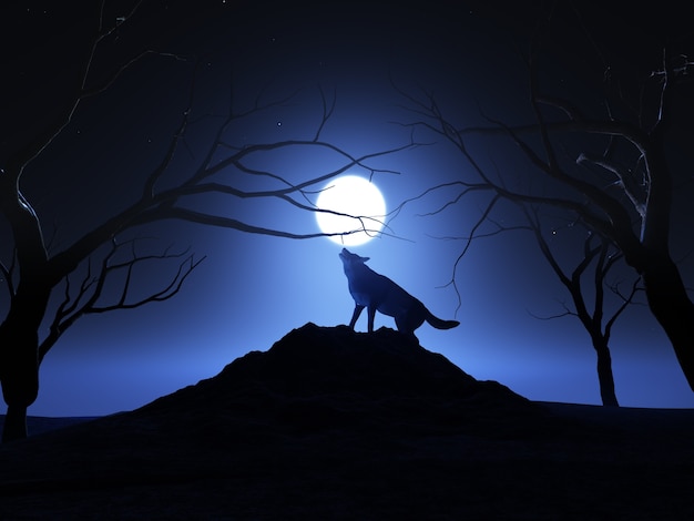 Free Photo 3d render of a wolf howling at the moon