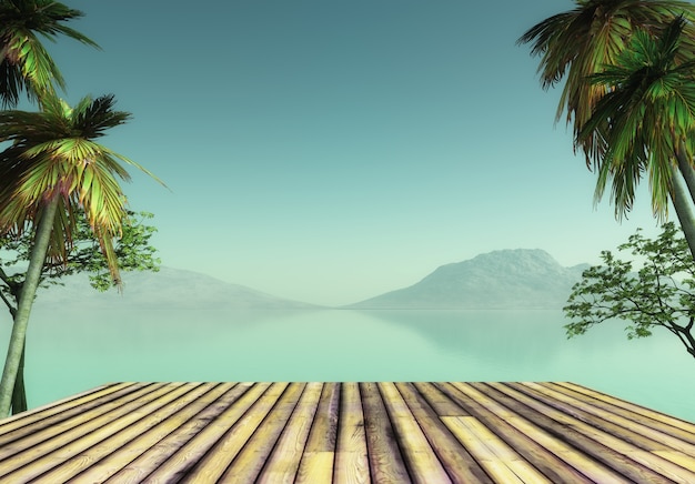 Free photo 3d render of a wooden deck looking out to a tropical landscape